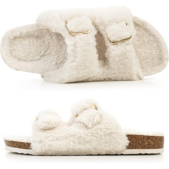 Women's Cozy Lining Faux Rabbit Fur Cream Cork Open Toe Slipper Sandals Shoes - Picture 6 of 7